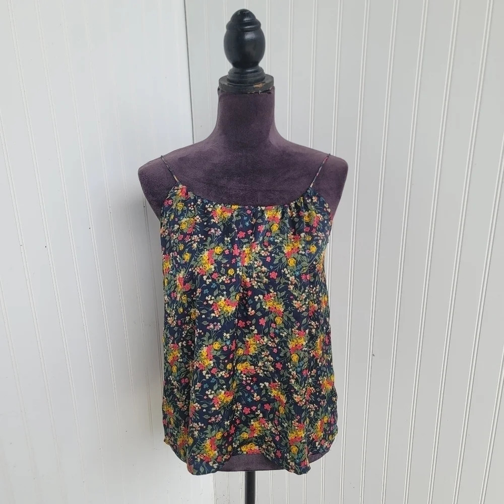 Tucker For Target Navy Blue Red Yellow Floral Spaghetti Strap Top Crinkle Sz S
